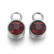 Glass Rhinestone Charms, Birthstone Charms, with Stainless Steel Color Tone 201 Stainless Steel Findings, Flat Round, Siam, 10x6x5mm, Hole: 2mm(STAS-F189-P09)
