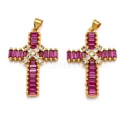Brass Micro Pave Clear Cubic Zirconia Pendants, Long-Lasting Plated, Real 18K Gold Plated, Cross, Red, 35x23.5x4.5mm, Hole: 3x4mm(ZIRC-J025-51G-01)