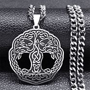 304 Stainless Steel Enamel Tree of Life Trinity Knot Pendant Necklaces, Curb Chains Necklaces for Women Men, Stainless Steel Color, 19.37 inch(49.2cm)(NJEW-G115-09P)
