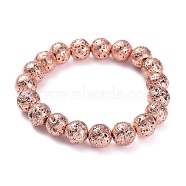 Electroplated Natural Lava Rock Beads Stretch Bracelets, Long-Lasting Plated, Round, Rose Gold Plated, 2-1/4 inch(5.6cm), Bead: 10.5mm(BJEW-G623-01RG-10mm)