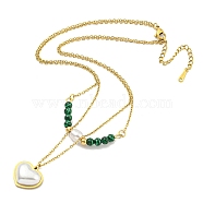 Ion Plating(IP) 201 Stainless Steel & Synthetic Malachite Double Layer Necklaces, Plastic Pearl Heart Pendant Necklaces, Golden, 13.70 inch(34.8cm)(NJEW-K270-17G)