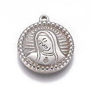 304 Stainless Steel Pendants, Flat Round with Virgin Mary, Antique Silver, 21x18x3mm, Hole: 1.6mm(STAS-CJ0003-06)