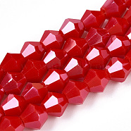 Opaque Solid Color Electroplate Glass Beads Strands, Pearl Luster Plated, Faceted, Bicone, Crimson, 6x5.5mm, Hole: 1mm, about 45~47pcs/strand, 9.65~9.84 inch(24.5~25cm)(EGLA-A039-P6mm-A02)