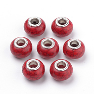 Imitation Turquoise Style Resin European Beads, Large Hole Beads, with Silver Color Plated Brass Double Cores, Rondelle, Red, 14x9.5mm, Hole: 5mm(OPDL-Q132-08)