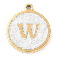 Ion Plating(IP) 201 Stainless Steel Pendants, with White Enamel, Real 18K Gold Plated, Flat Round with Letter, Letter W, 18.5x15.5x2mm, Hole: 1.6mm(STAS-K288-02G-W)