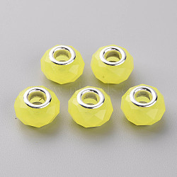 Resin European Beads, Large Hole Beads, with Silver Tone Brass Double Cores, Faceted, Rondelle, Yellow, 14x9mm, Hole: 5mm(RPDL-T003-07K)