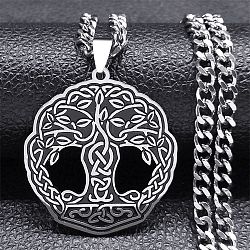 304 Stainless Steel Enamel Tree of Life Trinity Knot Pendant Necklaces, Curb Chains Necklaces for Women Men, Stainless Steel Color, 19.37 inch(49.2cm)(NJEW-G115-09P)