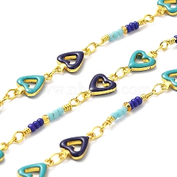 Handmade Brass Enamel Heart Link Chains, Glass Beaded Chains, Real 18K Gold Plated, Soldered, with Spool, Cadmium Free & Lead Free, Midnight Blue, Bead Link: 17~18x3x2mm, Heart: 10.5x7x2mm(CHC-M024-25G-02)