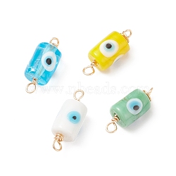 Handmade Evil Eye Column Lampwork Connector Charms, with Light Gold Plated Copper Wire Double Loops, Mixed Color, 25x9.5mm, Hole: 2.5~3mm(PALLOY-JF01855)