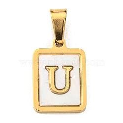 PVD Vacuum Plating 304 Stainless Steel Pave Natural White Shell Pendants, Rectangle with Letter Charms, Golden, Letter U, 17.5x12x1.5mm, Hole: 6x3mm(STAS-S130-03G-U)