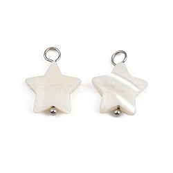 Natural Shell Star Pendants, with 304 Stainless Steel Loops, Seashell Color, Stainless Steel Color, 15.5~17.5x12.5~13x3~4mm, Hole: 1.8~3mm(X1-STAS-D378-35P)