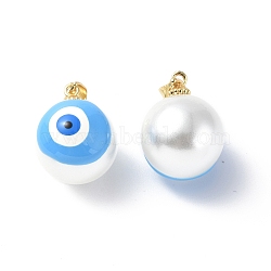 Shell Enamel Pendants, with Real 18K Gold Plated Brass Findings, Long-Lasting Plated, Round with Evil Eye Charm, Dodger Blue, 20x16x17mm, Hole: 3.5x4.5mm(KK-G449-02G)