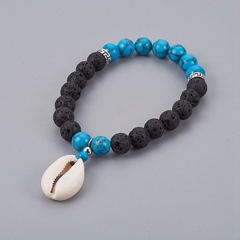 Cowrie Shell Charm Stretch Bracelets, with Synthetic Turquoise(Dyed) & Lava Rock Beads and Tibetan Style Alloy Spacers Beads, 2-1/4 inch(5.6cm)