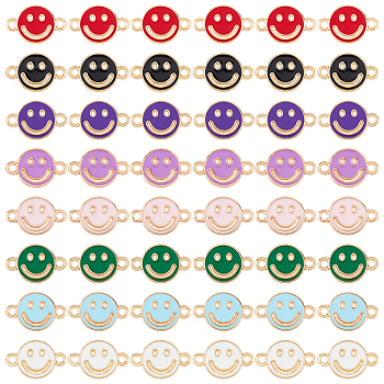 64Pcs 8 Colors Alloy Enamel Connector Charms, Flat Round Links with Hollow Smiling Face, Light Gold, Mixed Color, 17.5x11.5x1.5mm, Hole: 1.8mm, 8pcs/color