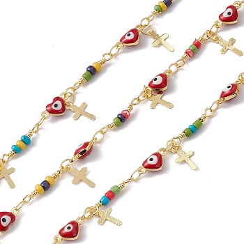 Enamel Heart with Evil Eye Link Chains, with Glass Beaded and Brass Cross Charms, Real 18K Gold Plated, Soldered, Long-Lasting Plated, with Spools, Red, 10x5x3.5mm, 14x3mm