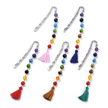 Chakra Jewelry, Alloy Bookmarks, with Natural/Synthetic Gemstone Beads, Cotton Thread Tassels, Mixed Color, 146x14.5mm