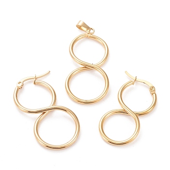 304 Stainless Steel Jewelry Sets, Hoop Earrings and Pendants, Infinity, Golden, Hoop Earrings: 38x19.5x4mm, Pin: 0.6x1mm, Pendant: 39.5x19x4mm, Hole: 6x3mm
