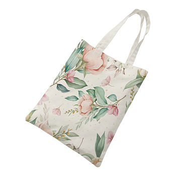 Flower Printed Canvas Women's Tote Bags, with Handle, Shoulder Bags for Shopping, Rectangle, Misty Rose, 66.5cm, Bag: 39.5~40x32.5~33x0.2cm