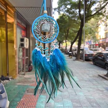 Synthetic Turquoise Woven Web/Net with Feather Pendant Decorations, with Wood Beads, Covered with Cotton Lace and Villus Cord, 400x70mm
