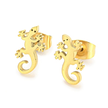Hollow Out Gecko 304 Stainless Steel Stud Earrings, Golden, 12x7mm