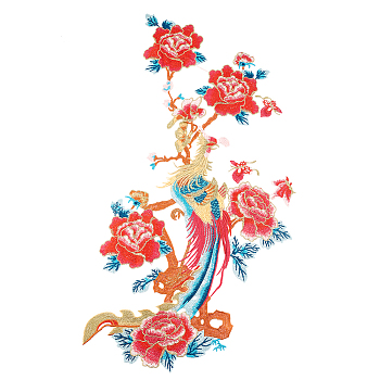 Phoenix on the Peony Polyester Embroidery Appliques, Costume Cheongsam Ornament Accessories, Red, 720x355x1mm