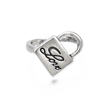 Padlock with Word Love Alloy Open Cuff Ring for Women, Cadmium Free & Lead Free, Antique Silver, US Size 7 3/4(17.9mm)
