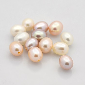 Natural Cultured Freshwater Pearl Beads, Half Drilled, Rice, Grade AAA, Mixed Color, 8x6~6.5mm, Hole: 1mm