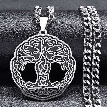 304 Stainless Steel Enamel Tree of Life Trinity Knot Pendant Necklaces, Curb Chains Necklaces for Women Men, Stainless Steel Color, 19.37 inch(49.2cm)
