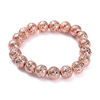 Electroplated Natural Lava Rock Beads Stretch Bracelets, Long-Lasting Plated, Round, Rose Gold Plated, 2-1/4 inch(5.6cm), Bead: 10.5mm
