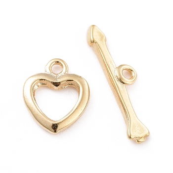 Eco-friendly Brass Toggle Clasps, Cadmium Free & Lead Free, Long-Lasting Plated, Heart, Real 24K Gold Plated, Heart: 10.5x8.5x1.5mm, Bar: 4x17x1.5mm, Hole: 1.2mm