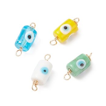 Handmade Evil Eye Column Lampwork Connector Charms, with Light Gold Plated Copper Wire Double Loops, Mixed Color, 25x9.5mm, Hole: 2.5~3mm
