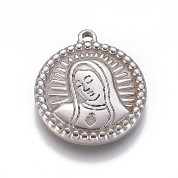 304 Stainless Steel Pendants, Flat Round with Virgin Mary, Antique Silver, 21x18x3mm, Hole: 1.6mm