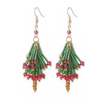 Glass Beaded Christmas Tree Dangle Earrings, Brass Cluster Long Drop Earrings for Women, Colorful, 81~82mm, Pin: 0.6mm