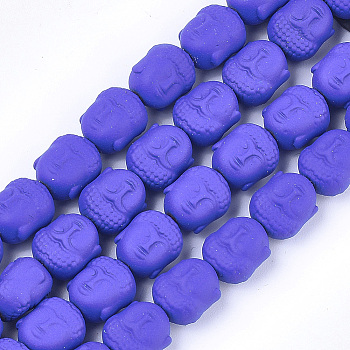 Spray Painted Non-magnetic Synthetic Hematite Beads Strands, Matte Style, Buddha Head, Blue, 10x9x7.5mm, Hole: 1mm, about 39pcs/strand, 15.7 inch
