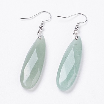 Natural Green Aventurine Dangle Earrings, with Platinum Tone Brass Findings, teardrop, Faceted, 58~60mm, Pin: 0.7mm
