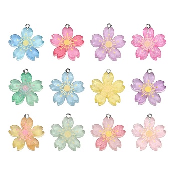 24Pcs 12 Colors Translucent Resin Pendants, with Glitter Powder and Platinum Tone Alloy Loops, Cherry Blossom Charm, Mixed Color, 29x27x5mm, Hole: 2mm, 2pcs/color