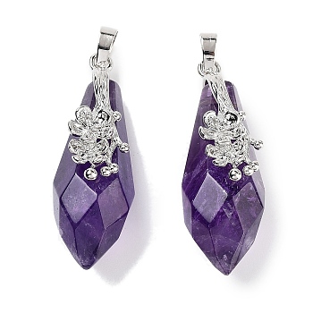 Natural Amethyst Faceted Teardrop Pendants, Rack Plating Platinum Tone Brass Flower Charms, Cadmium Free & Lead Free, 44~45.5x14.5~15.5x16~17mm, Hole: 6.5x5mm