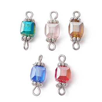 Glass Connector Charms, Cube Links with 304 Stainless Steel Double Loops, Mixed Color, Antique Silver, 15~15.5x5.5~6x5.5~6mm, Hole: 1.6mm & 1.8mm