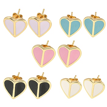 Heart Real 18K Gold Plated Brass Stud Earrings, with Enamel, Mixed Color, 12.5x12.5mm