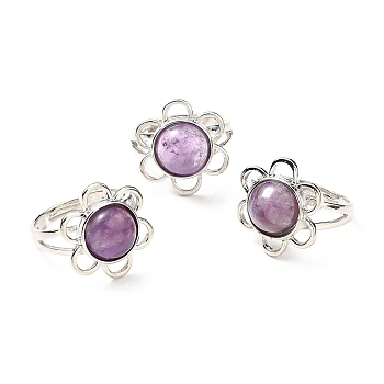 Natural Amethyst Adjustable Rings, Platinum Tone Flower Brass Rings for Women, Cadmium Free & Lead Free, US Size 7 3/4(17.9mm), 3~7mm