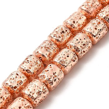 Electroplated Natural Lava Rock Beads Strands, Column, Rose Gold Plated, 8x6.5mm, Hole: 1mm, about 50~51pcs/strand, 15.35~15.59 inch(39~39.6cm)