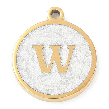 Ion Plating(IP) 201 Stainless Steel Pendants, with White Enamel, Real 18K Gold Plated, Flat Round with Letter, Letter W, 18.5x15.5x2mm, Hole: 1.6mm