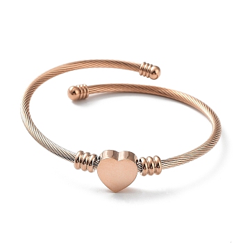 304 Stainless Steel Cuff Bangle with 201 Stainless Steel Heart Beaded, Rose Gold, Inner Diameter: 2-1/4 inch(5.55~5.8cm)