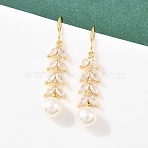 Leaf Brass Micro Pave Clear Cubic Zirconia Dangle Earrings, with Acrylic Imitation Pearl, Long-Lasting Plated, Rack Plating, Real 18K Gold Plated, 47x8.5mm(EJEW-C172-03G)