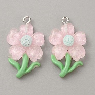 Translucent Resin Pendants, Glitter Flower Charms with Platinum Plated Iron Loops, Pink, 30x19x5.5mm, Hole: 1.5mm(RESI-TAC0004-32P-03)