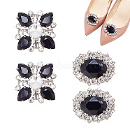 2 Pairs 2 Style Glass Rhinestone Shoe Decorations, Removable Iron Shoe Buckle Clip, Jet, 39~53.5x46.5~53.5x12~14mm, 1 pair/style(AJEW-AR0001-78A)