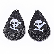 Halloween Theme, PU Leather Big Pendants, with Glitter Powder and Platinum Tone Stainless Steel Jump Rings, teardrop, with Skull, Black, 56x37x3mm, Hole: 4mm(X-FIND-R078-02)