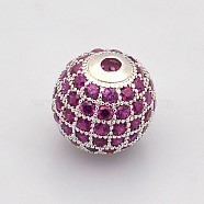 CZ Brass Micro Pave Grade AAA Magenta Color Cubic Zirconia Round Beads, Cadmium Free & Nickel Free & Lead Free, Platinum, 10mm, Hole: 2mm(KK-O065-10mm-08P-NR)