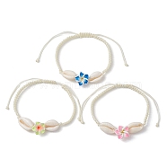 Natural Shell & Polymer Clay 3D Flower Link Bracelet, Braided Adjustable Bracelet, Mixed Color, Inner Diameter: 3-5/8 inch(9.25cm)(BJEW-JB09815)