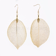 Brass Plated Natural Leaf Dangle Earrings, with 304 Stainless Steel Earring Hooks, Golden, 105mm, Pin:0.7mm(EJEW-JE02654)